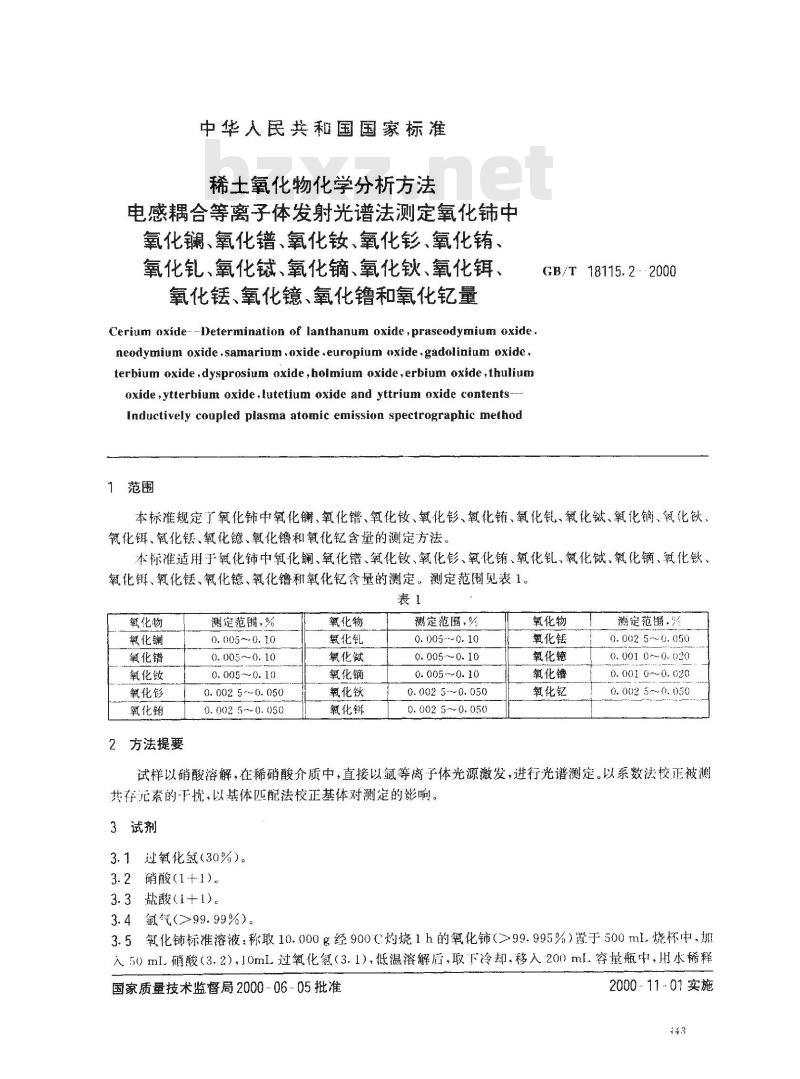 GB/T 18115.2-2000 稀土氧化物化学分析方法 电感耦合等离子体发射光谱法测定氧化铈中氧化镧、氧化镨、氧化钕、氧化钐、氧化铕、氧化钆、氧化铽、氧化镝、氧化钬、氧化铒、氧化铥、氧化镱、氧化镥