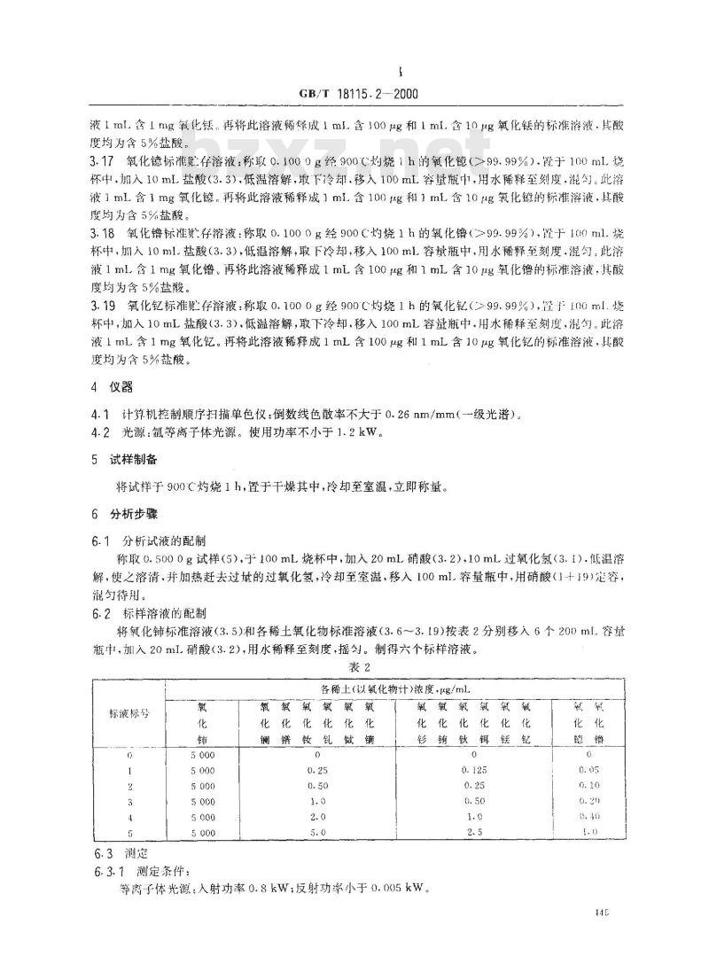 GB/T 18115.2-2000 稀土氧化物化学分析方法 电感耦合等离子体发射光谱法测定氧化铈中氧化镧、氧化镨、氧化钕、氧化钐、氧化铕、氧化钆、氧化铽、氧化镝、氧化钬、氧化铒、氧化铥、氧化镱、氧化镥