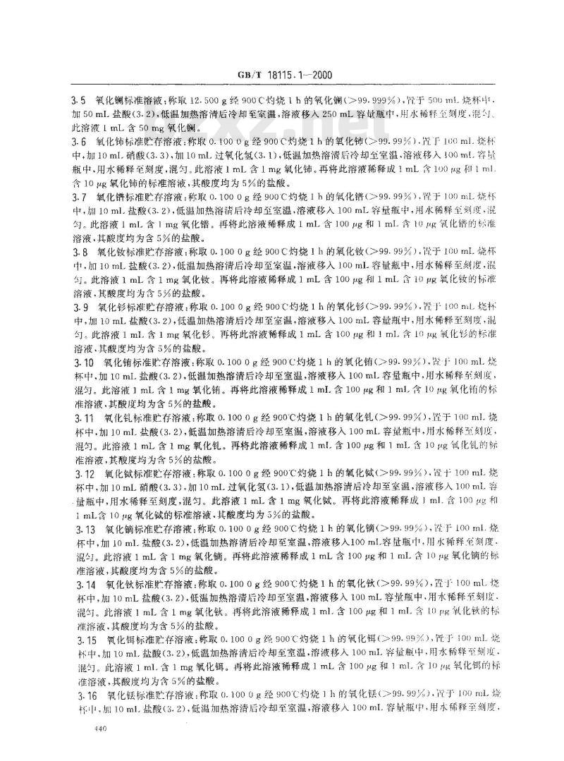 GB/T 18115.1-2000 稀土氧化物化学分析方法 电感耦合等离子体发射光谱法测定氧化镧中氧化铈、氧化镨、氧化钕、氧化钐、氧化铕、氧化钆、氧化铽、氧化镝、氧化钬、氧化铒、氧化铥、氧化镱、氧化镥