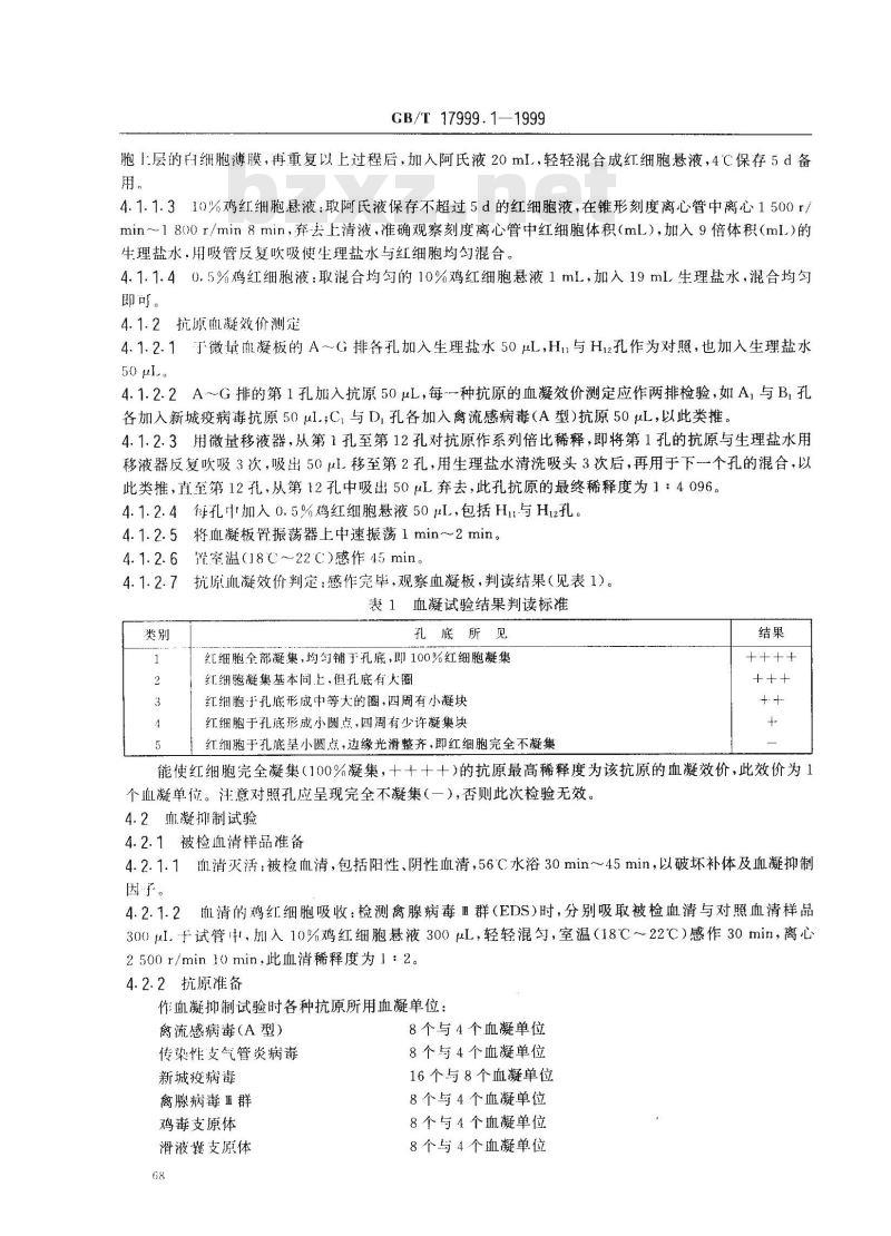 GB/T 17999.1-1999 SPF鸡 红细胞凝集抑制试验