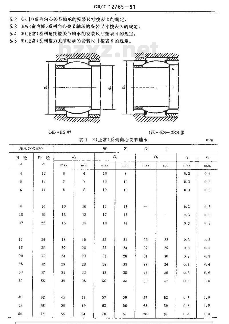 GB/T 12765-1991 关节轴承 安装尺寸