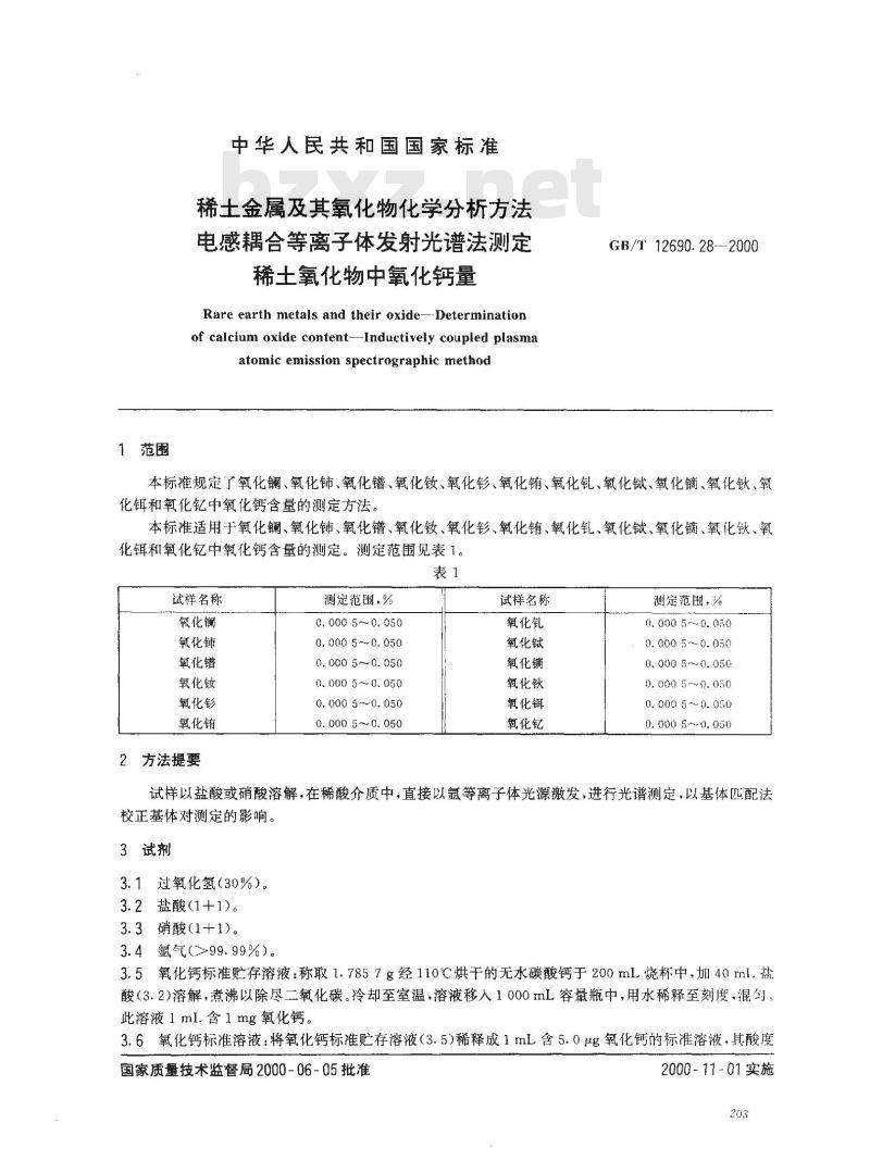 GB/T 12690.28-2000 稀土金属及其氧化物化学分析方法 电感耦合等离子体发射光谱法测定稀土氧化物中氧化钙量
