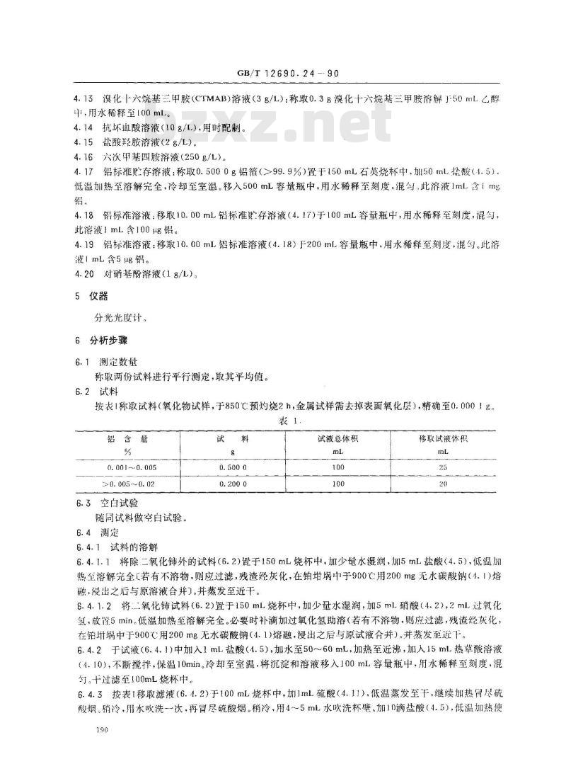 GB/T 12690.24-1990 稀土金属及其氧化物化学分析方法 A1-CAS-CTMAB-乙醇四元体系 分光光度法测定铝量