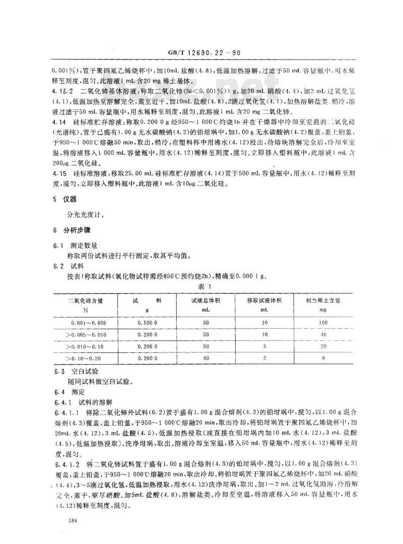 GB/T 12690.22-1990 稀土金属及其氧化物化学分析方法 钼蓝分光光度法测定稀土氧化物中的二氧化硅量