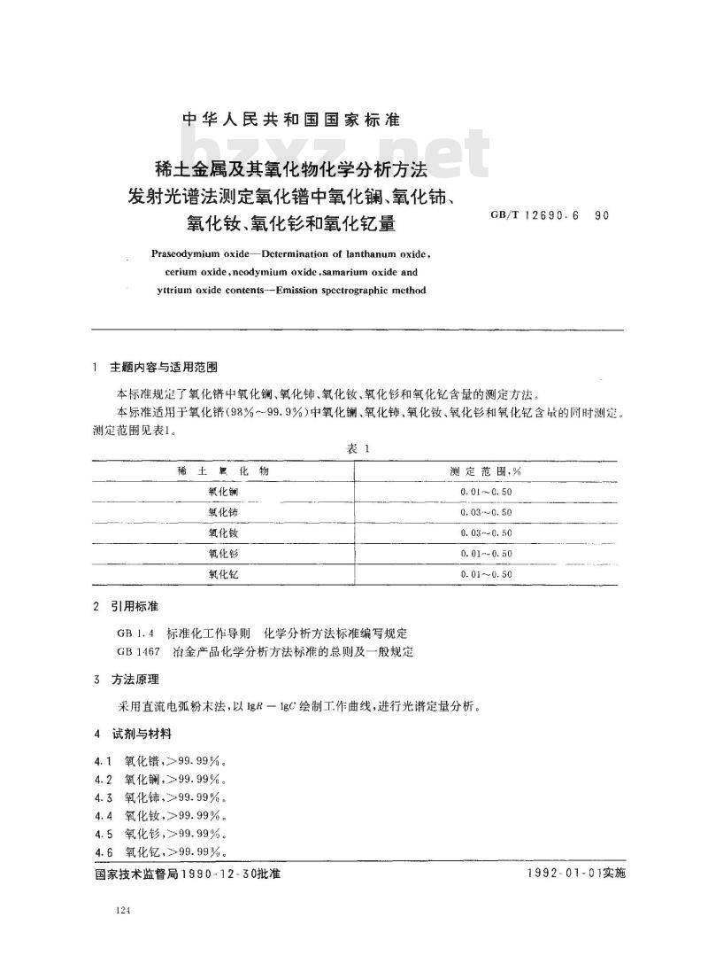 GB/T 12690.6-1990 稀土金属及其氧化物化学分析方法 发射光谱法测定氧化镨中氧化镧,氧化铈,氧化钕,氧化钐和氧化钇量