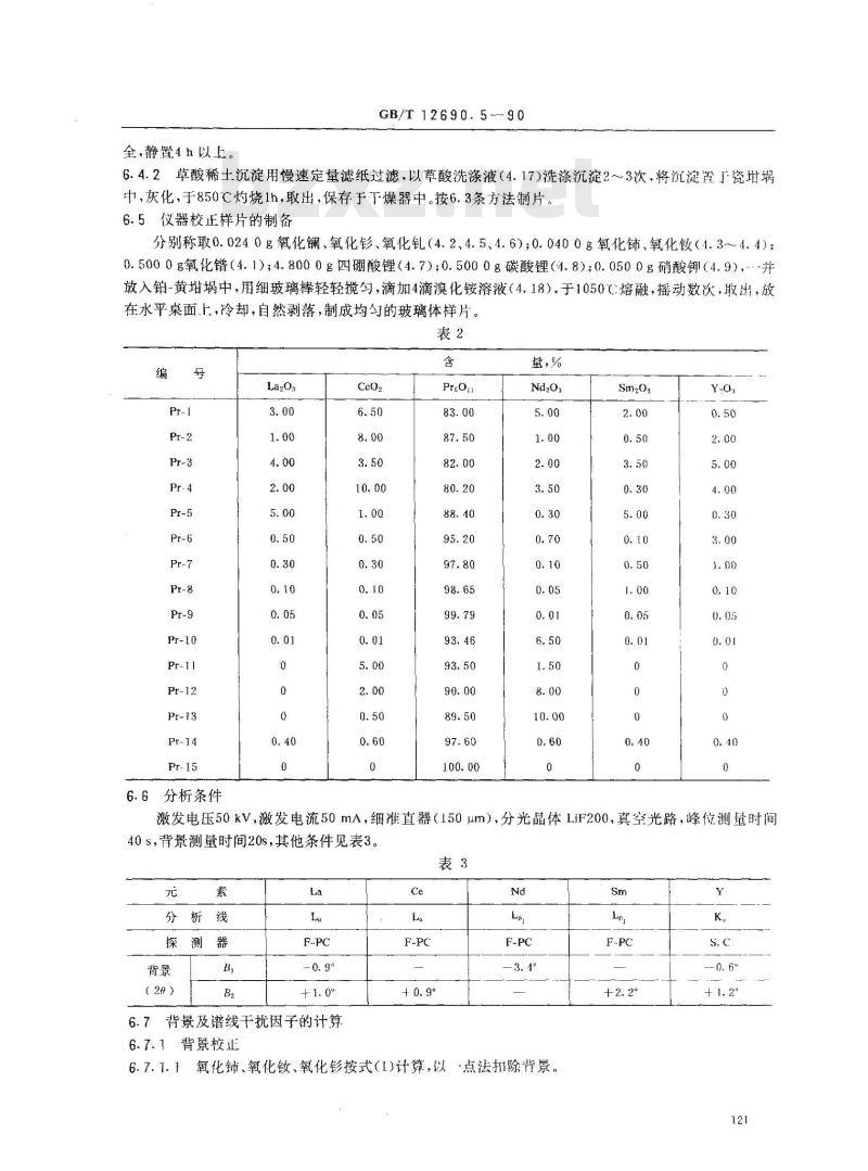 GB/T 12690.5-1990 稀土金属及其氧化物化学分析方法 X射线荧光光谱法测定氧化镨中氧化镧,氧化铈,氧化钕,氧化钐和氧化钇量