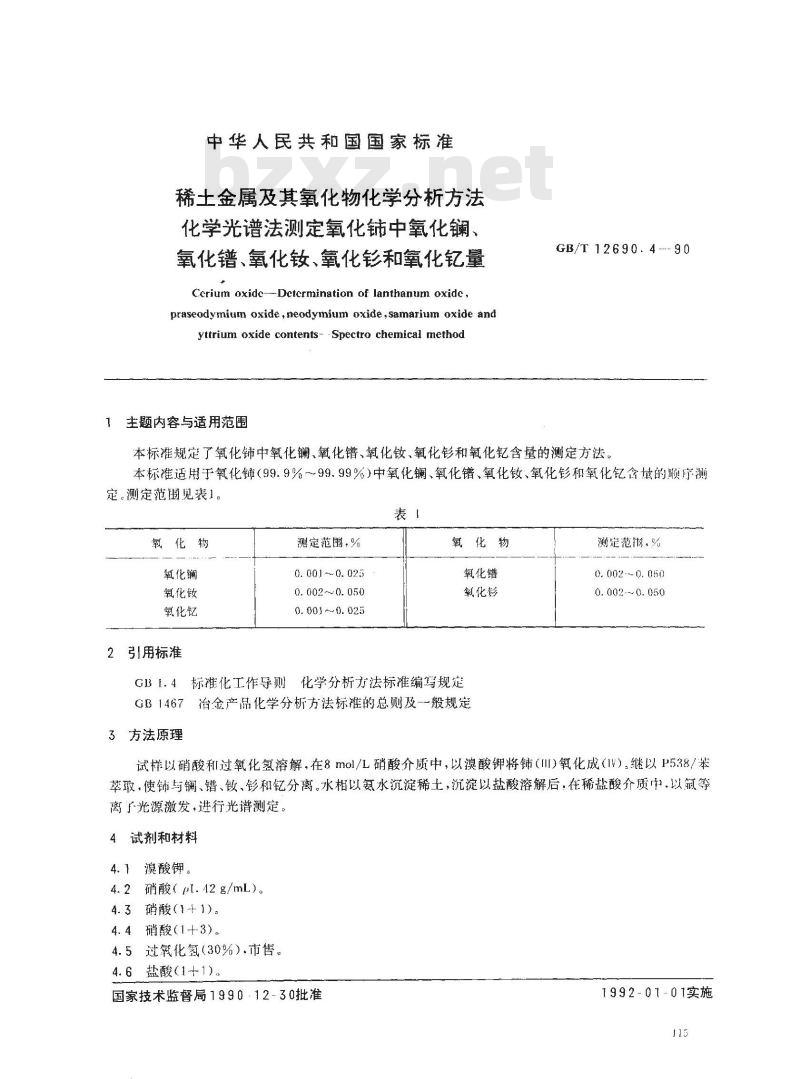GB/T 12690.4-1990 稀土金属及其氧化物化学分析方法 化学光谱法测定氧化铈中氧化镧,氧化镨,氧化钕,氧化钐和氧化钇量