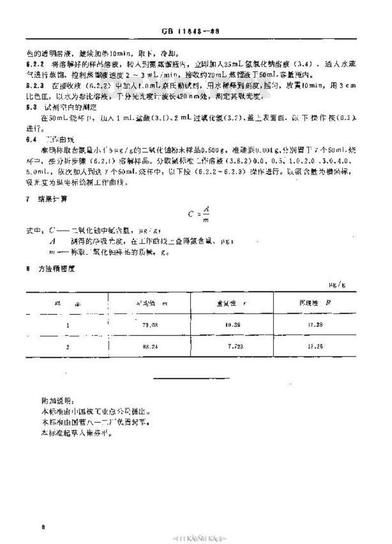 GB 11843-1989 二氧化铀粉末和芯块中氮的测定 分光光度法