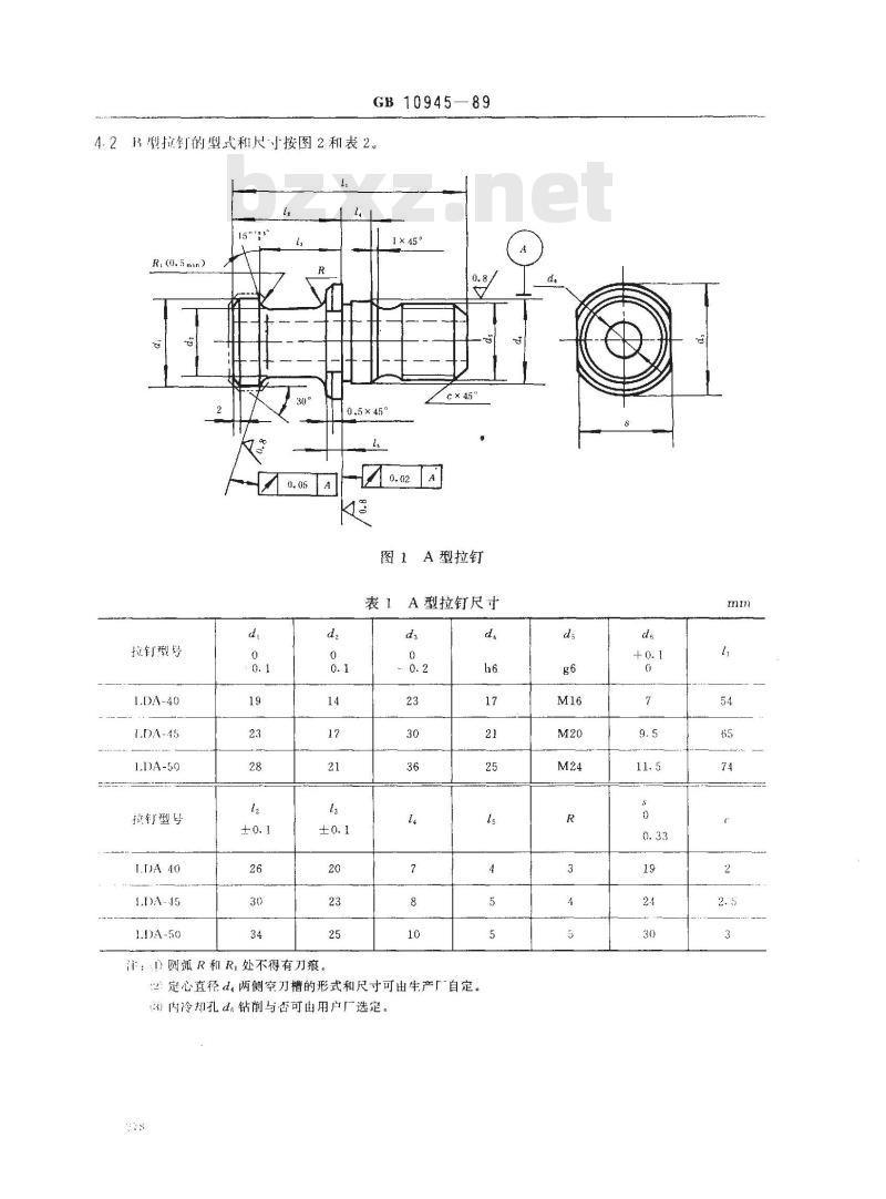 GB/T 10945-1989 自动换刀机床用7:24圆锥工具柄部40、45和50号圆锥柄用拉钉