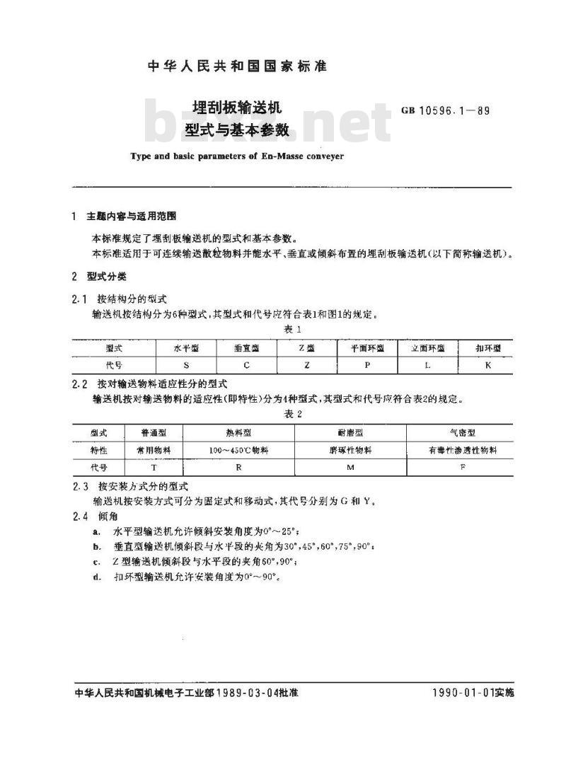 GB 10596.1-1989 埋刮板输送机 型式与基本参数