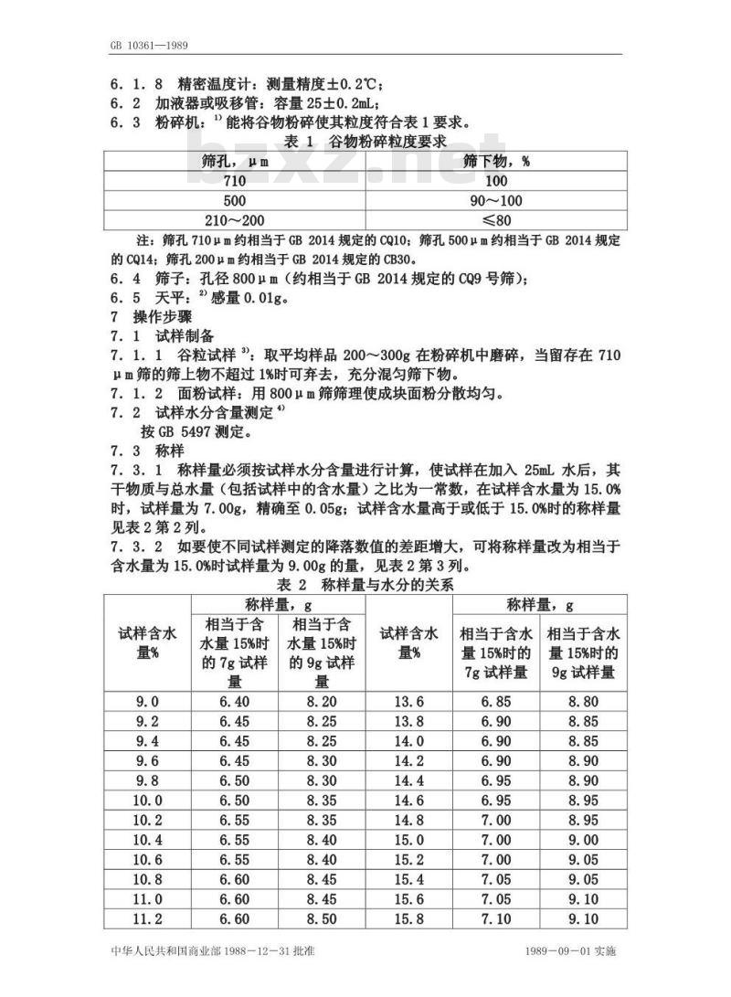 GB/T 10361-1989 谷物降落数值测定法