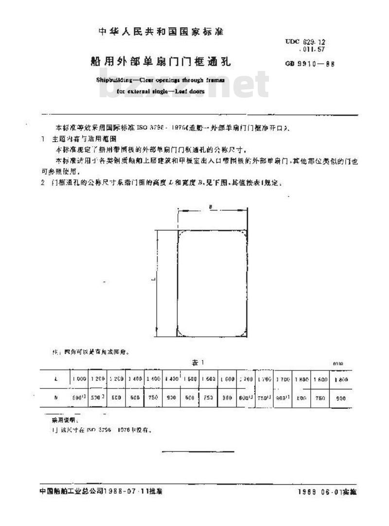 GB 9910-1988 船用外部单扇门门框通孔