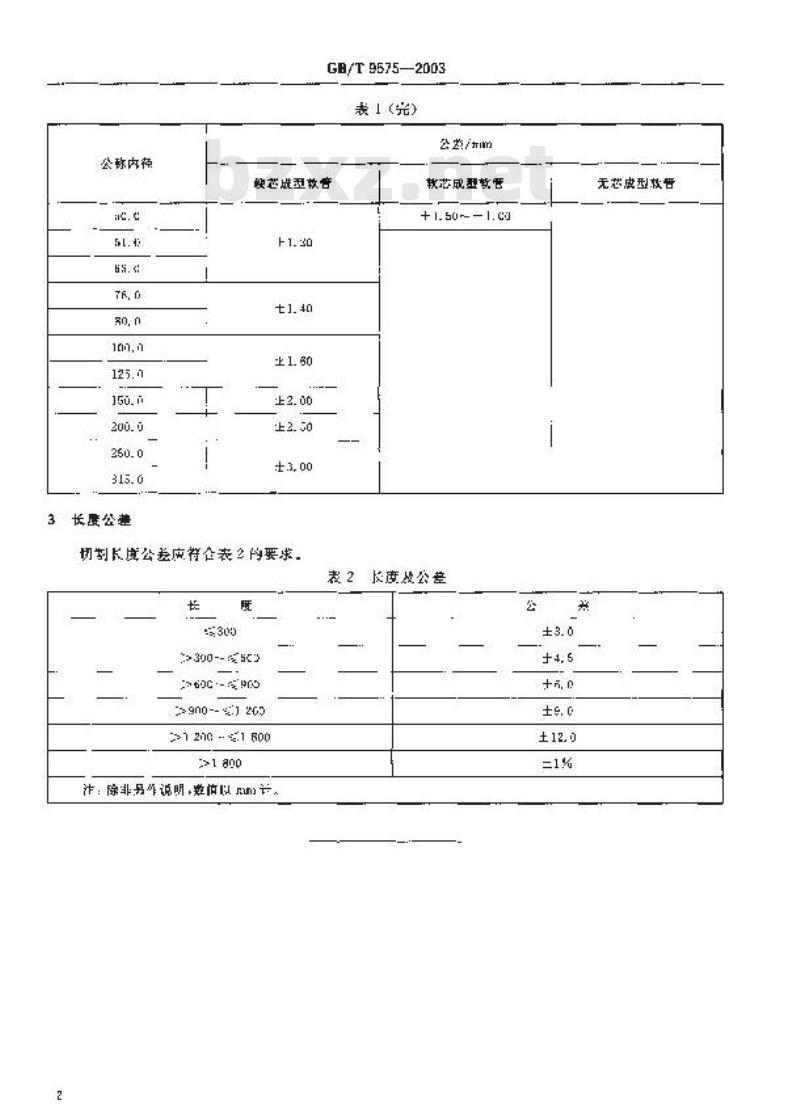 GB/T 9575-2003 工业通用橡胶和塑料软管内径尺寸及公差和长度公差