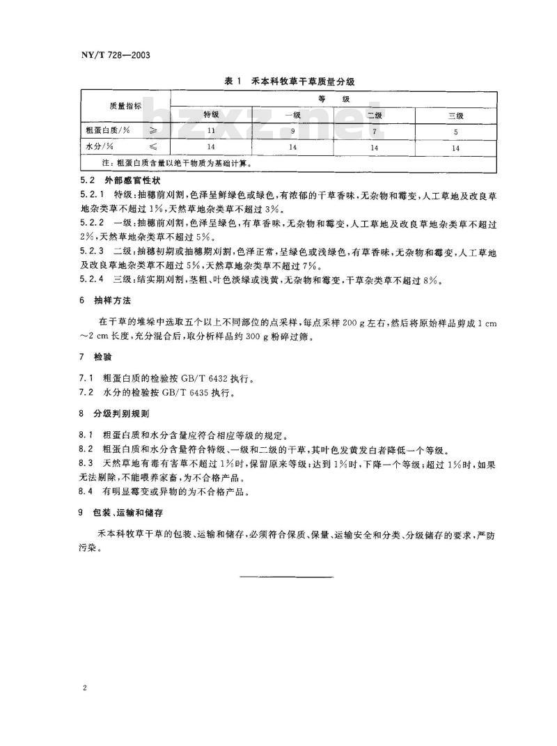 NY/T 728-2003 禾本科牧草干草质量分级