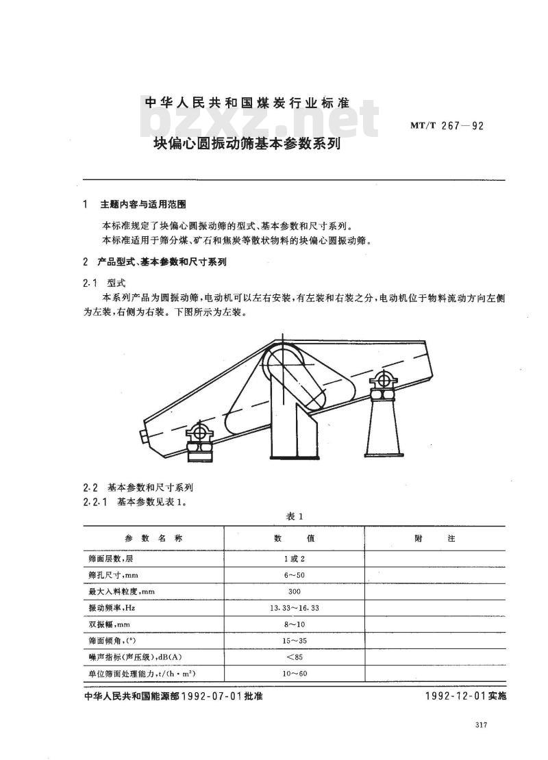 MT/T 267-1992 块偏心圆振动筛 基本参数系列