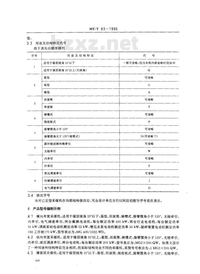 MT/T 83-1996 滚筒采煤机产品型号编制方法