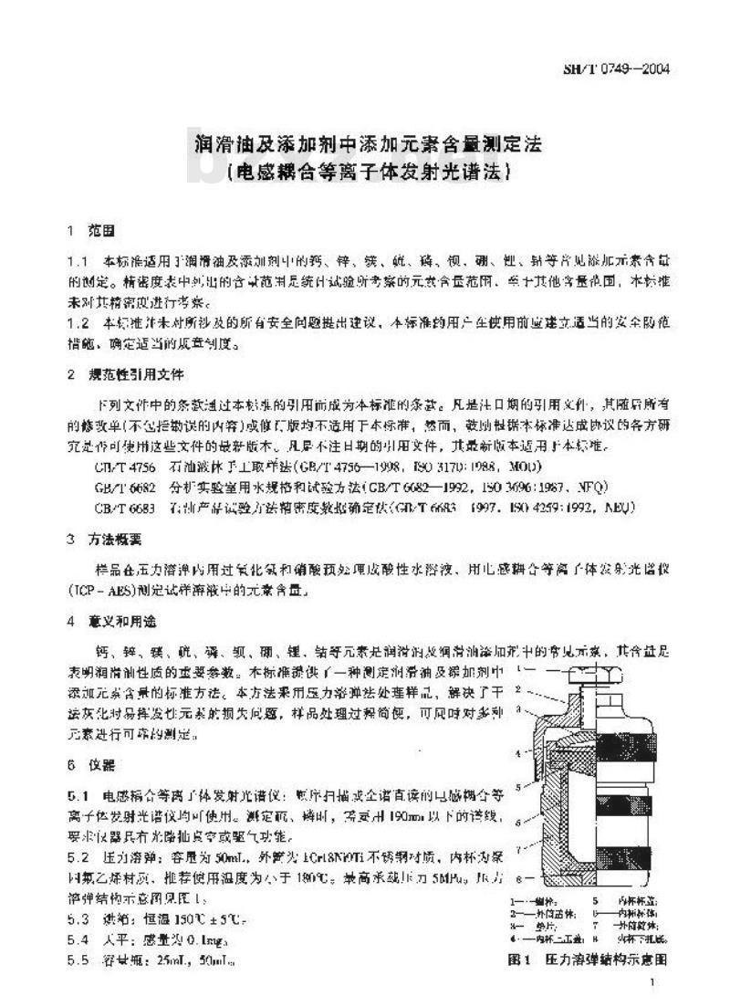 SH/T 0749-2004 润滑油及添加剂中添加素含量测定法(电感耦合等离子体发射光谱法)