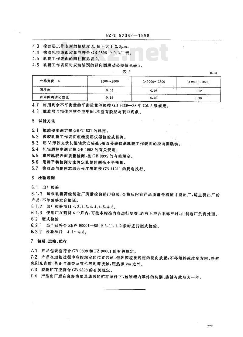 FZ/T 92062-1998 普通轧车用橡胶轧辊