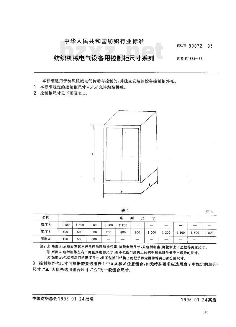 FZ/T 90072-1995 纺织机械电气设备用控制柜尺寸系列