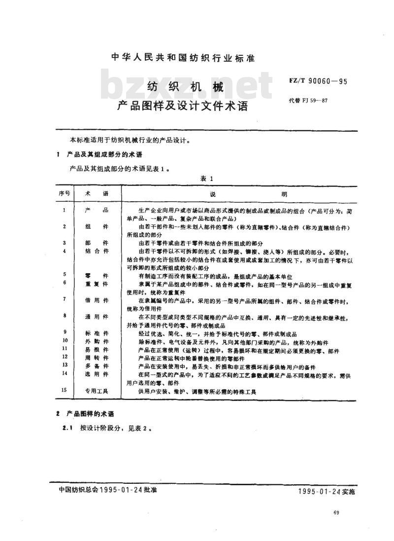 FZ/T 90060-1995 纺织机械 产品图样及设计文件术语
