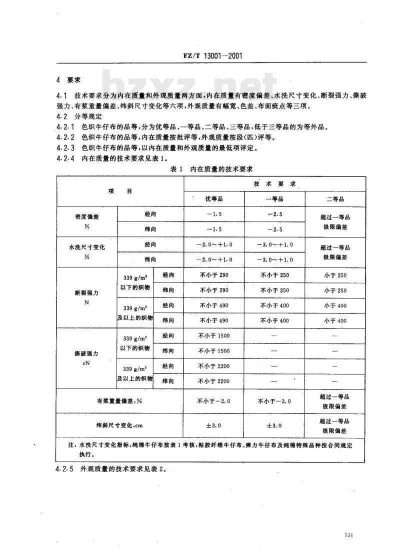 FZ/T 13001-2001 色织牛仔布