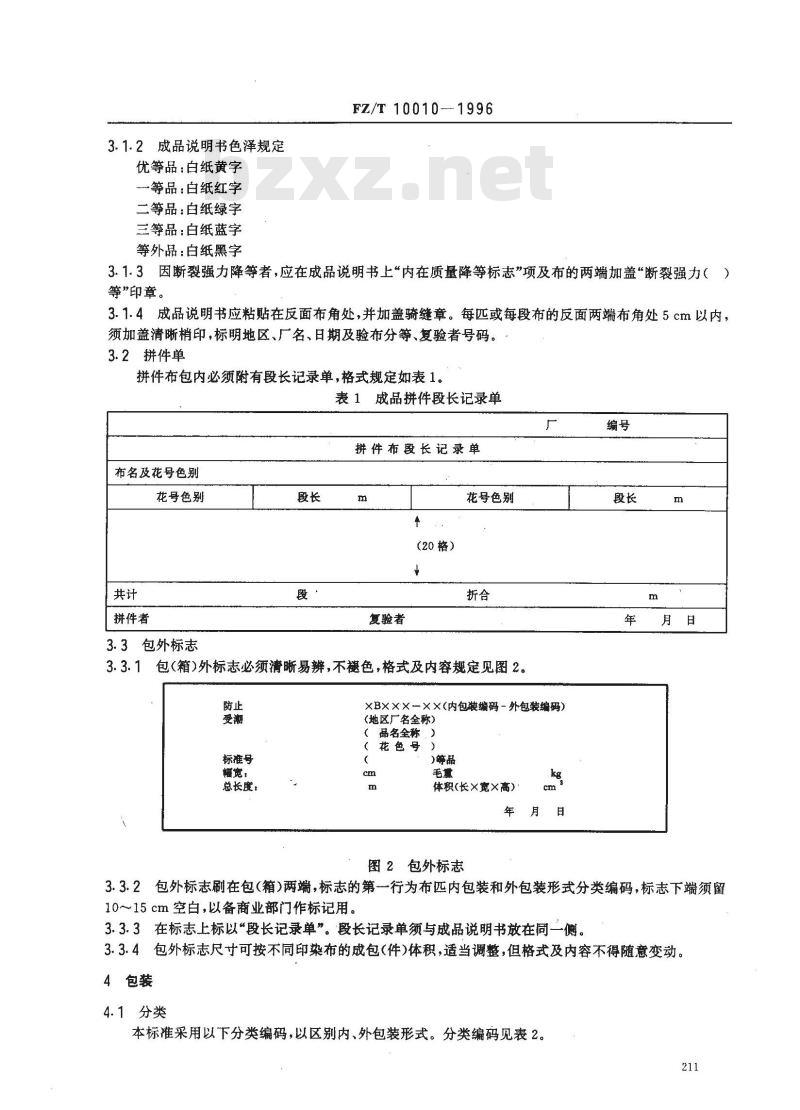 FZ/T 10010-1996 棉及化纤纯纺、混纺印染布标志与包装