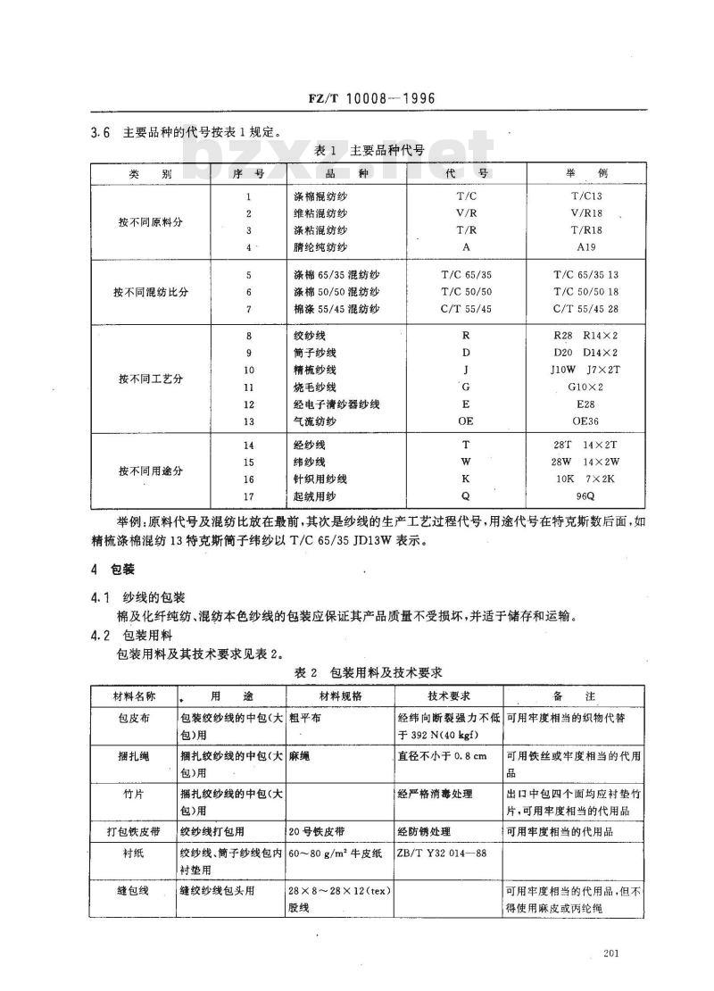 FZ/T 10008-1996 棉及化纤纯纺、混纺本色纱线标志与包装