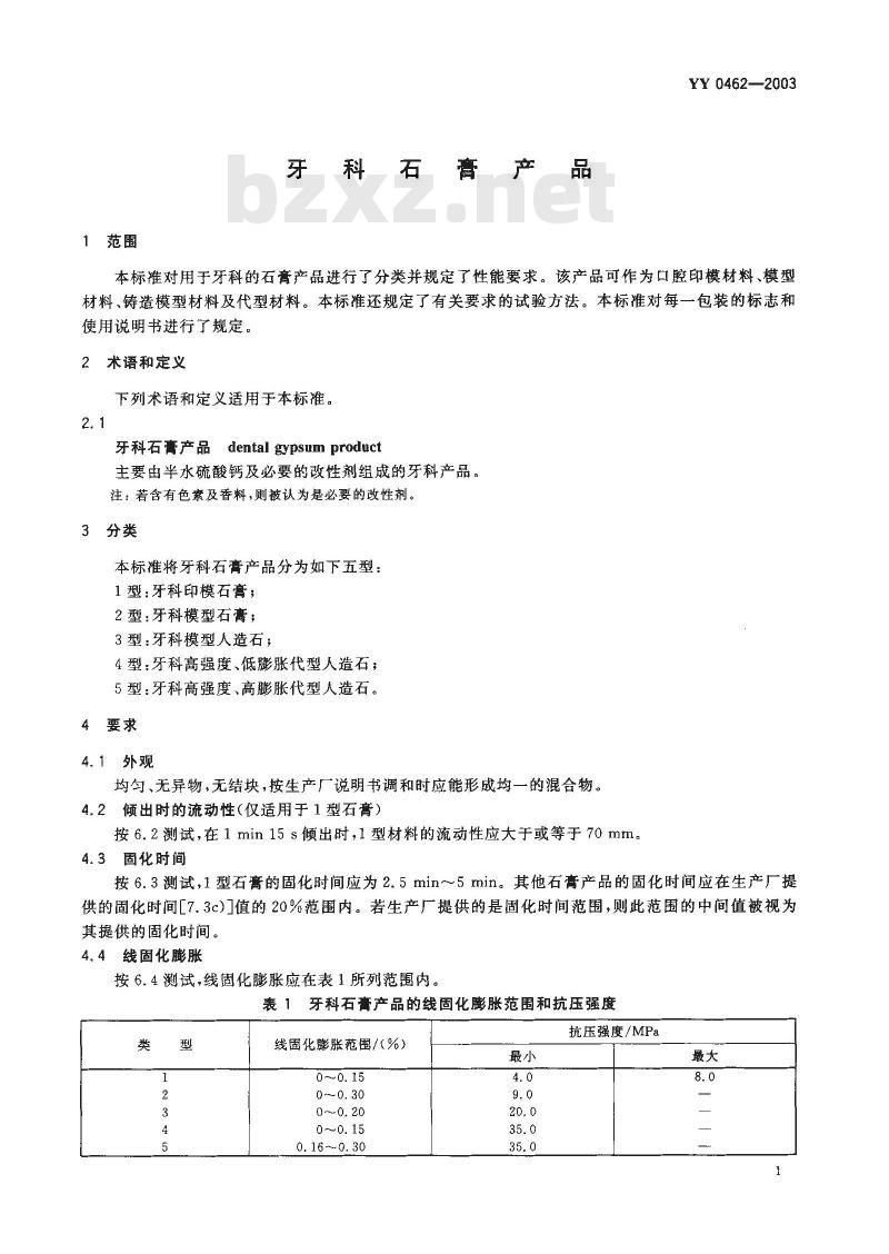 YY 0462-2003 牙科石膏产品