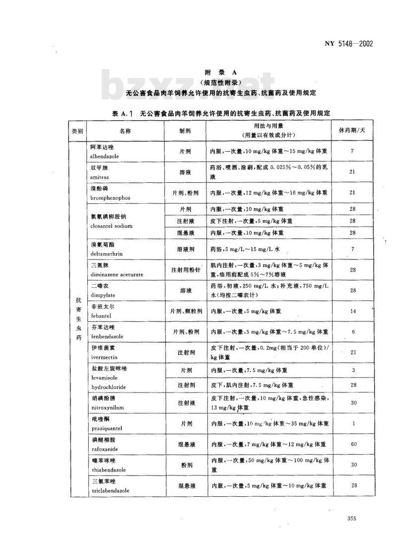 NY 5148-2002 无公害食品 肉羊饲养兽药使用准则