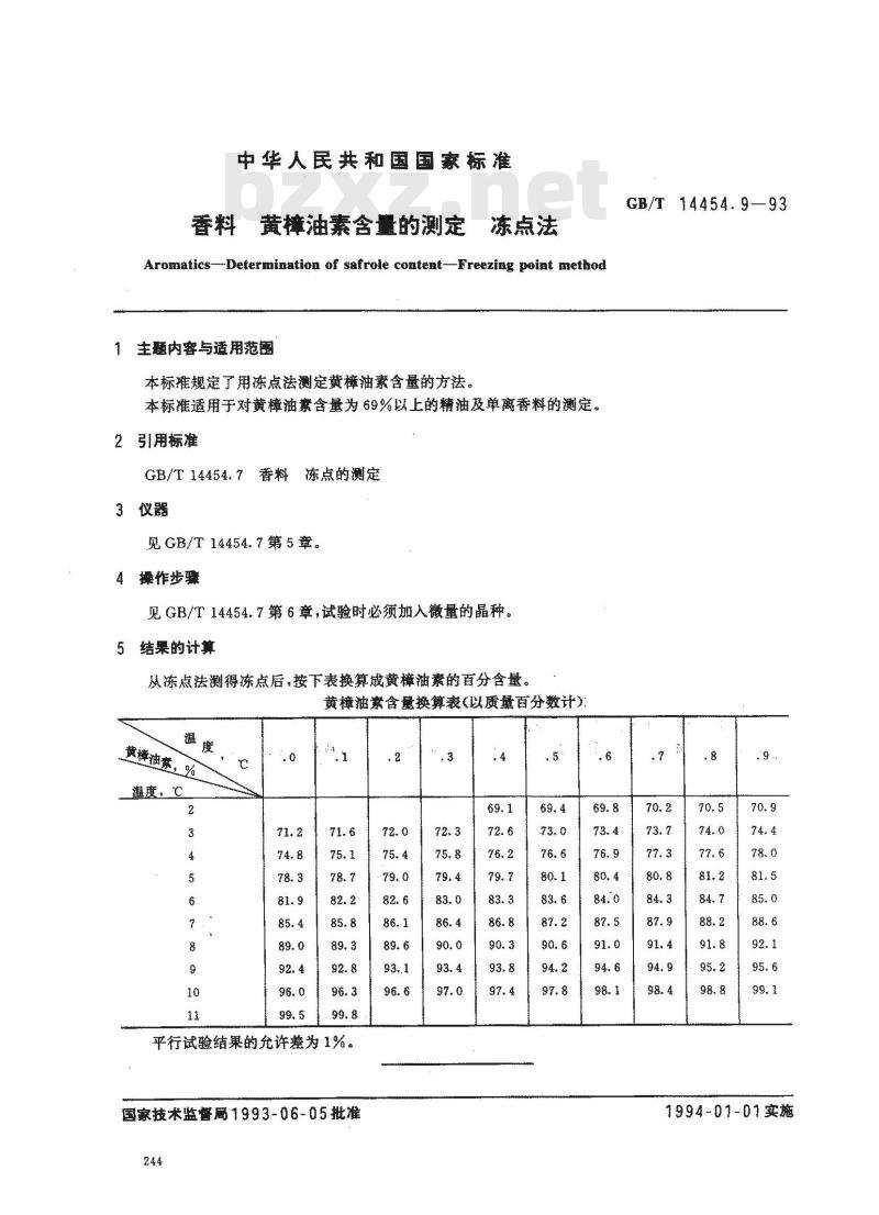 GB/T 14454.9-1993 香料 黄樟油素含量的测定 冻点法