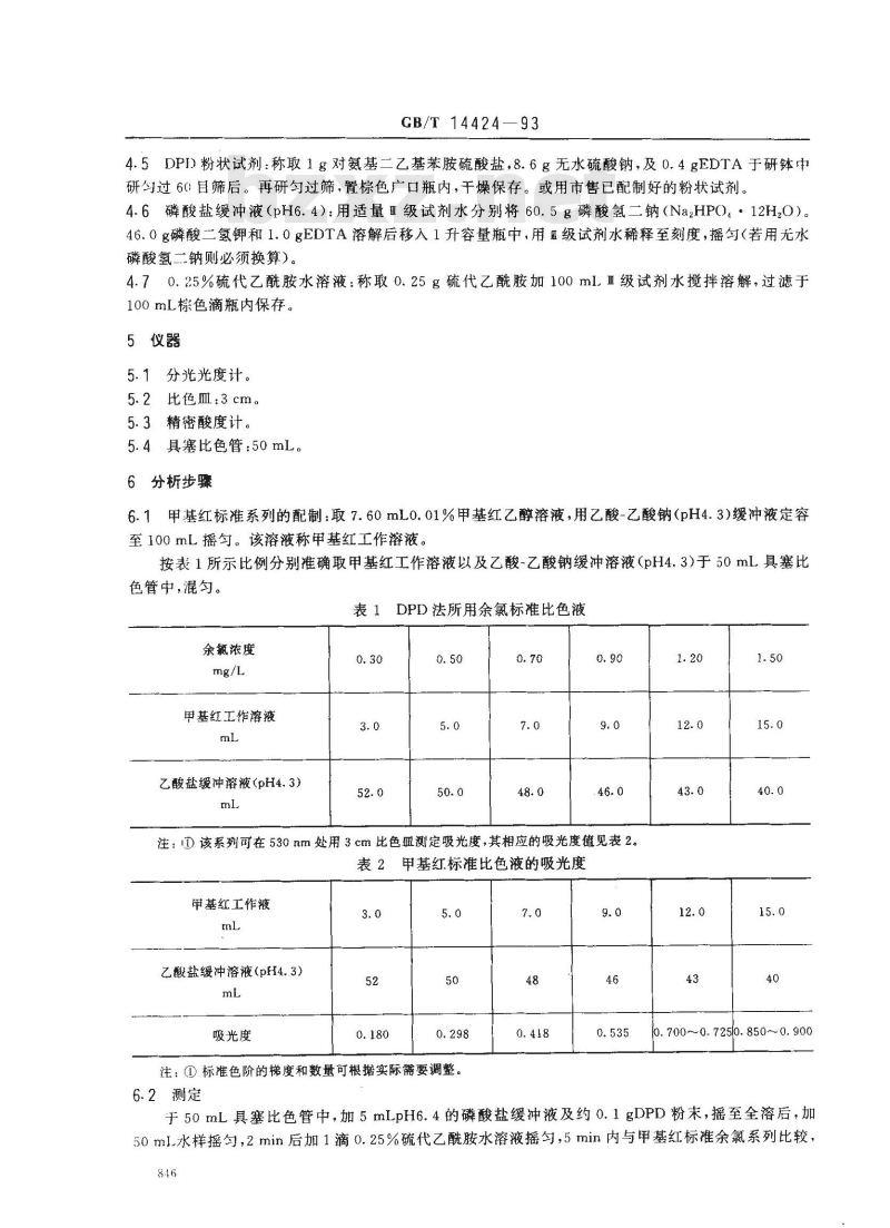 GB/T 14424-1993 锅炉用水和冷却水分析方法 余氯的测定