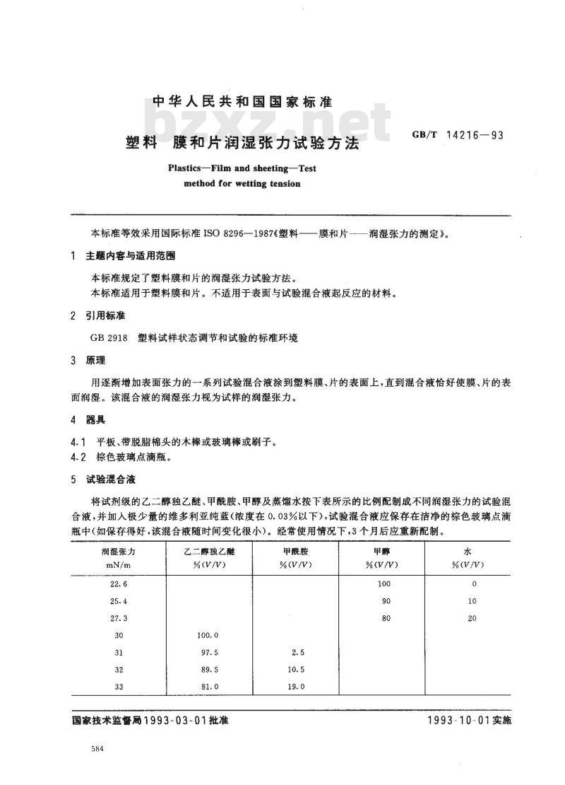 GB/T 14216-1993 塑料 膜和片润湿张力试验方法