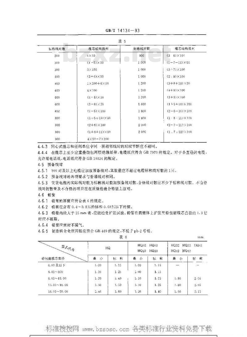 GB/T 14134-1993 纸绝缘铅套市内通信电缆