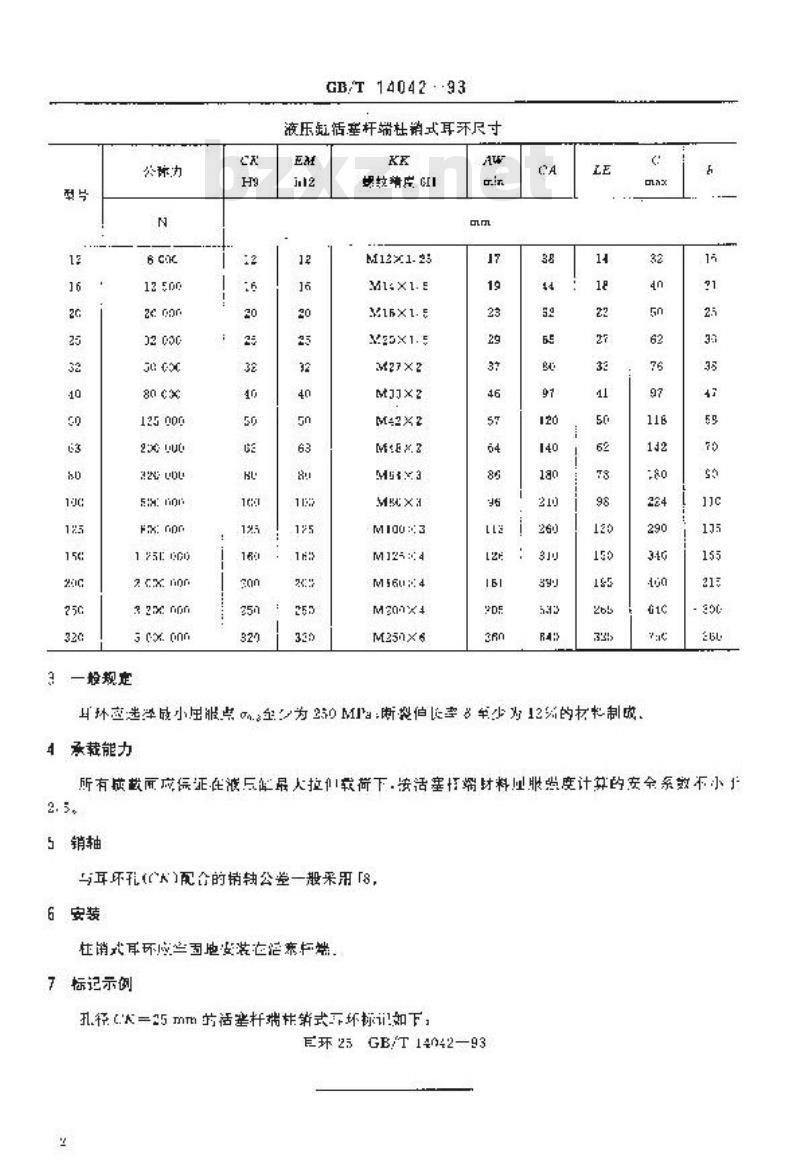 GB/T 14042-1993 液压缸活塞杆端柱销式耳环安装尺寸