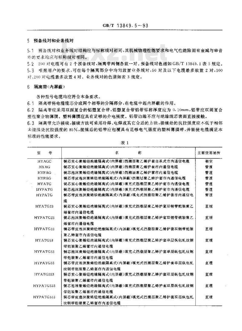 GB/T 13849.5-1993 聚烯烃绝缘聚烯烃护套市内通信电缆 第5部分:铜芯、实心或泡沫(带皮泡沫)聚烯烃绝缘、隔离式(内屏蔽)、挡潮层聚乙烯护套市内通信电缆
