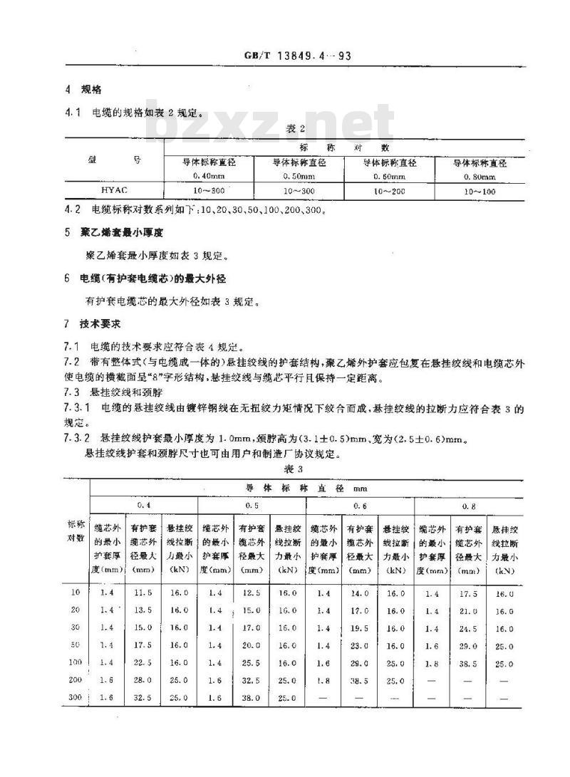 GB/T 13849.4-1993 聚烯烃绝缘聚烯烃护套市内通信电缆 第4部分:铜芯、实心聚烯烃绝缘(非填充)、自承式、挡潮层聚乙烯护套市内通信电缆