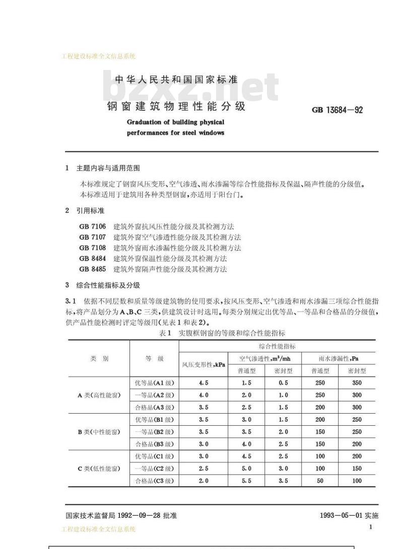GB 13684-1992 钢窗建筑物理性能分级