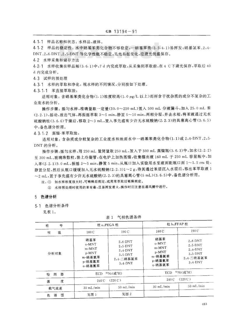 GB 13194-1991 水质 硝基苯,硝基甲苯,硝基氯苯,二硝基甲苯的测定 气相色谱法