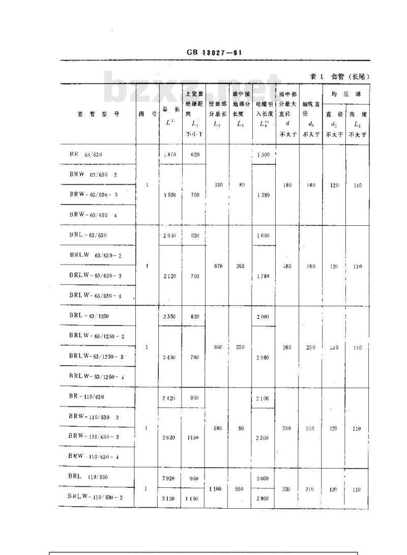 GB 13027-1991 油纸电容式变压器套管型式和尺寸