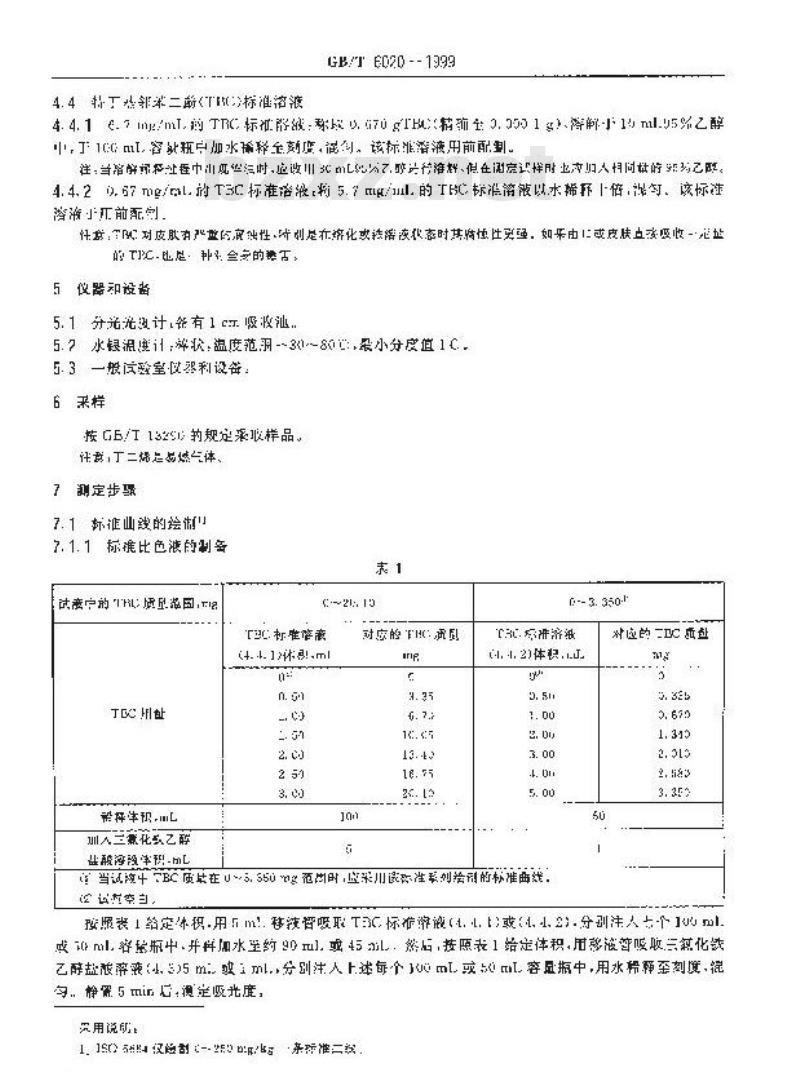 GB/T 6020-1999 工业用丁二烯中特丁基邻苯二酚(TBC)的测定 分光光度法