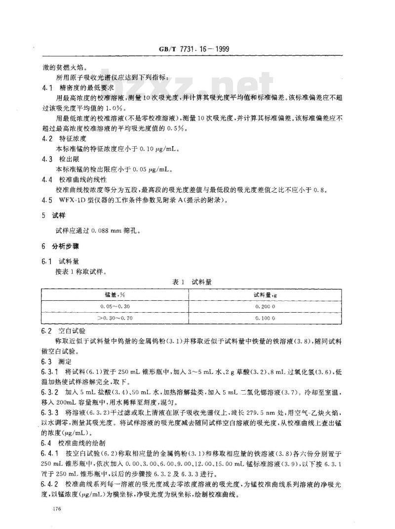 GB/T 7731.16-1999 钨铁化学分析方法 火焰原子吸收光谱法测定锰量