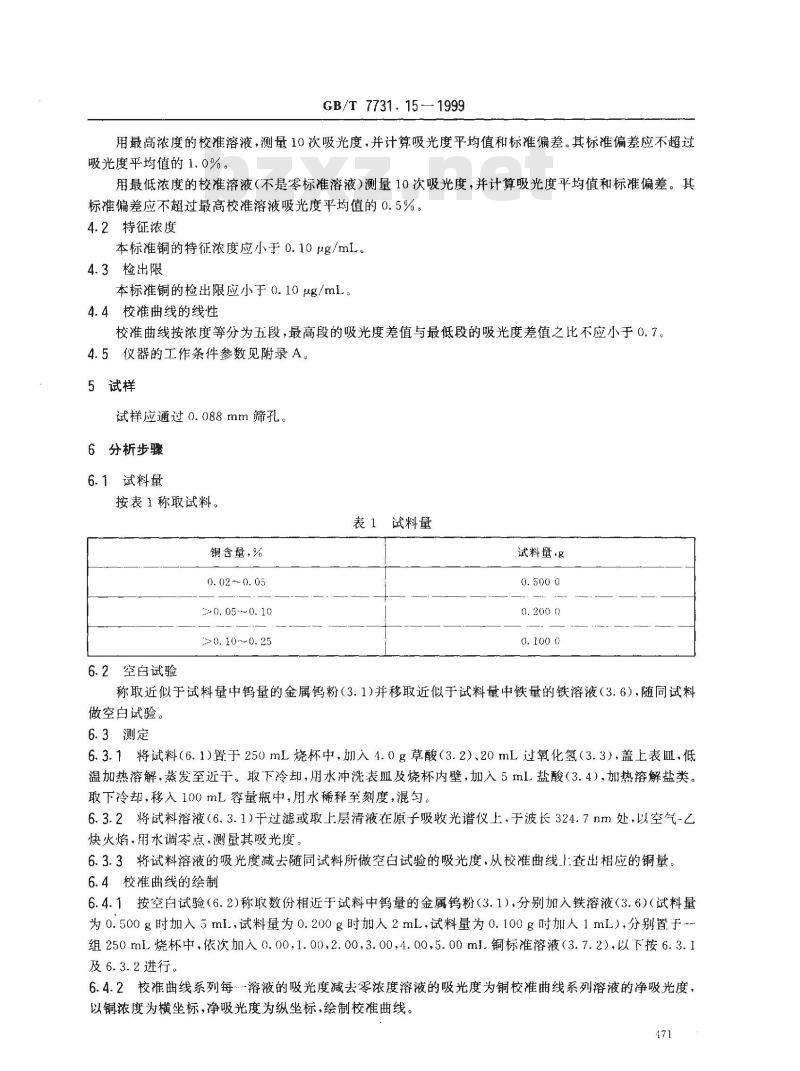 GB/T 7731.15-1999 钨铁化学分析方法 火焰原子吸收光谱法测定铜量