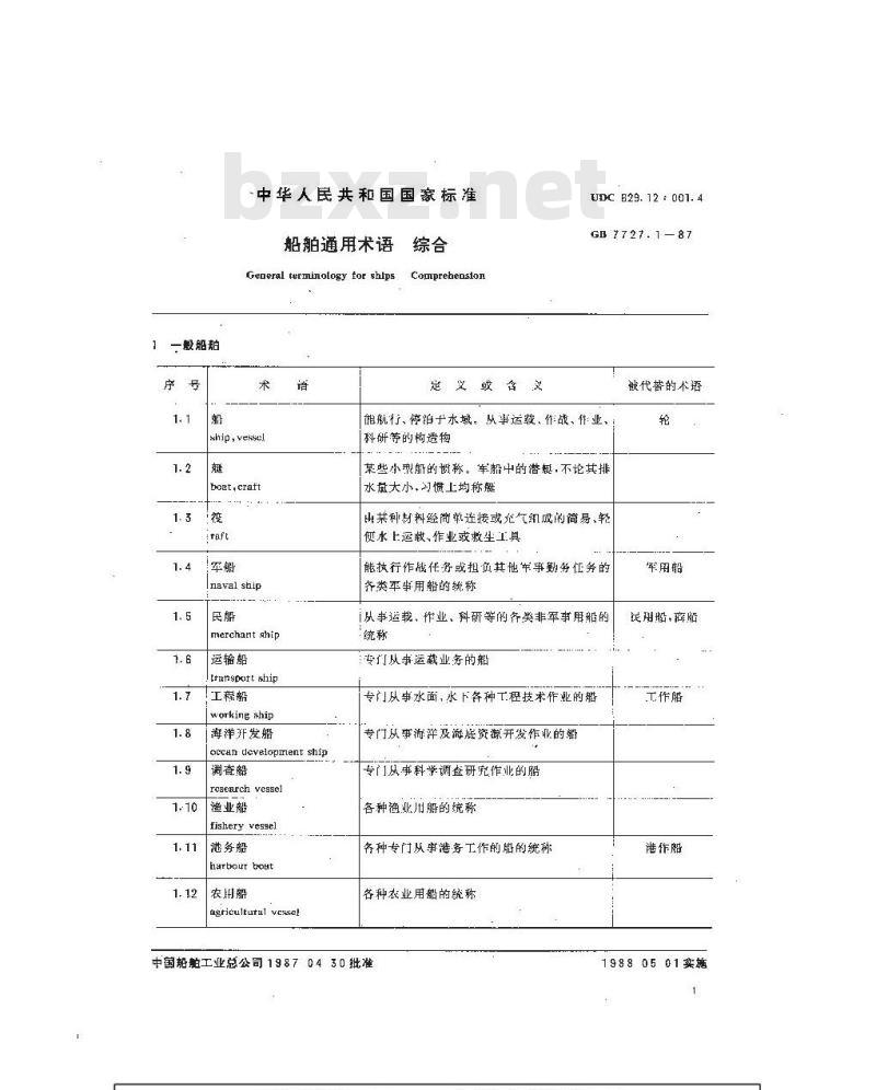 GB 7727.1-1987 船舶通用术语 综合