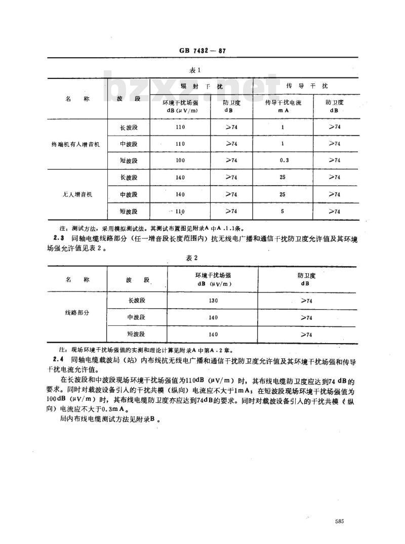 GB/T 7432-1987 同轴电缆载波通信系统抗无线电广播和通信干扰的指标