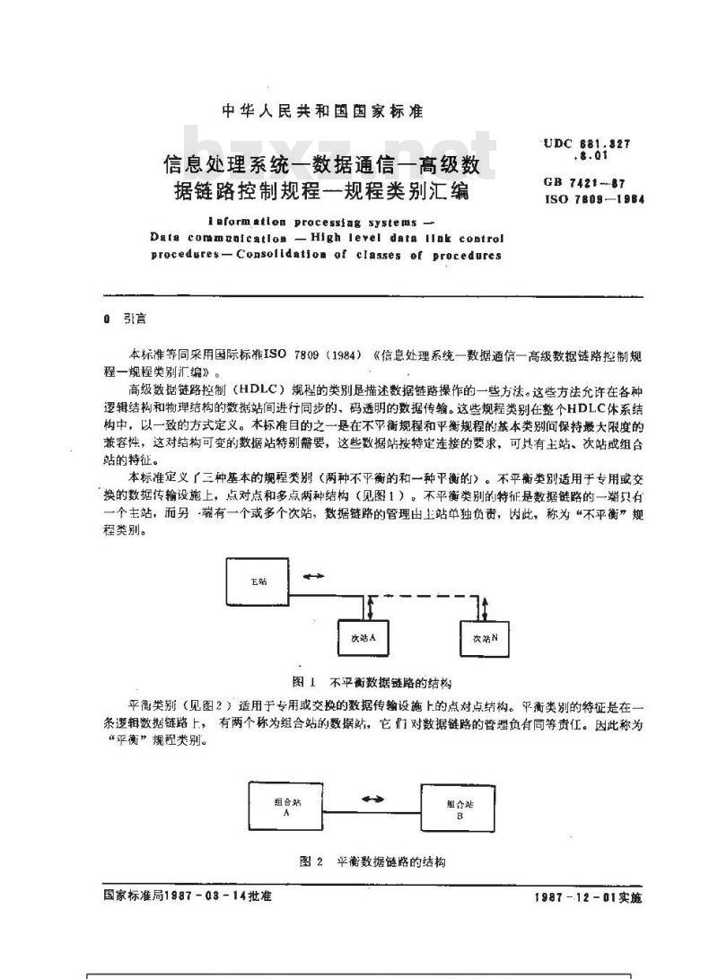 GB/T 7421-1987 信息处理系统-数据通信-高级数据链路控制规程-规程类别汇编