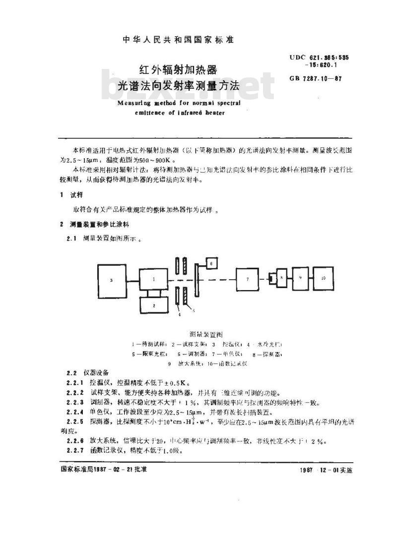 GB 7287.10-1987 红外辐射加热器光谱法向发射率测量方法