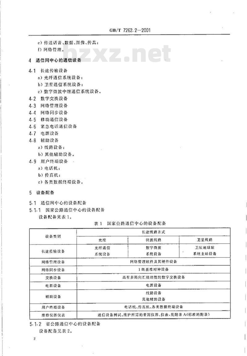 GB/T 7262.2-2001 公路通信技术要求及设备配备 设备配备