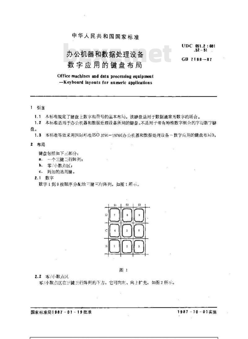 GB/T 7188-1987 办公机器和数据处理设备数字应用的键盘布局