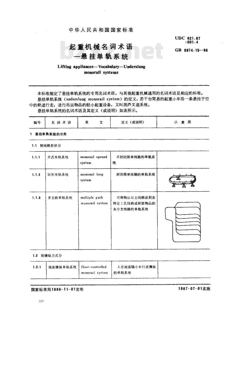 GB/T 6974.15-1986 起重机械名词术语 悬挂单轨系统