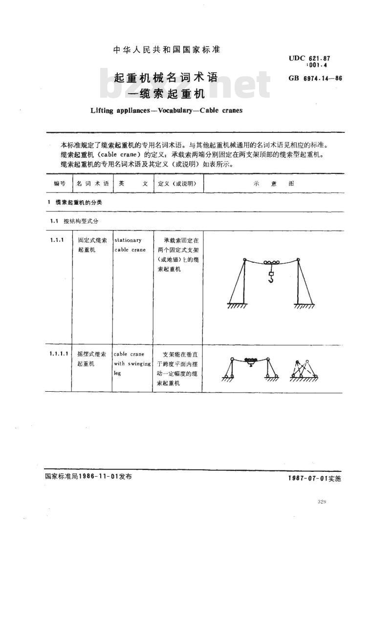 GB/T 6974.14-1986 起重机械名词术语 缆索起重机